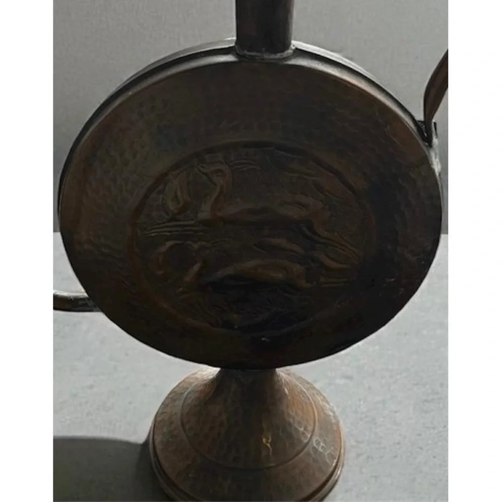 Vintage Copper Metal Water Pitcher‎ Ewer Embossed Figural Scene Spout Handle